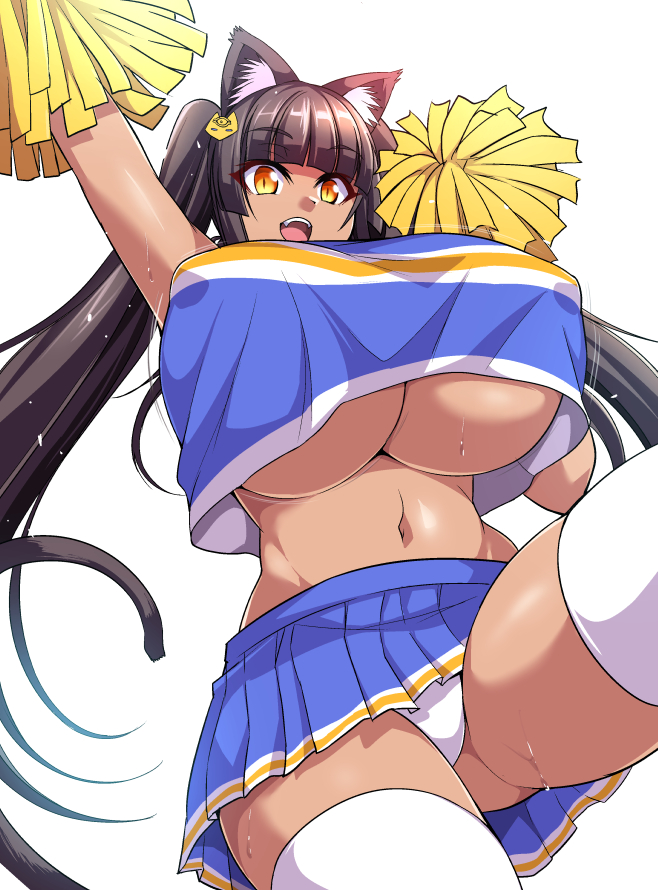 1girl :d animal_ears black_hair breasts cat_ears cat_tail cheerleader erect_nipples hair_ornament large_breasts long_hair megane_man midriff navel open_mouth panties pleated_skirt pom_poms simple_background skirt slit_pupils smile solo sweat tail teeth thighhighs twintails underboob underwear very_long_hair white_background white_eyes white_panties yellow_eyes