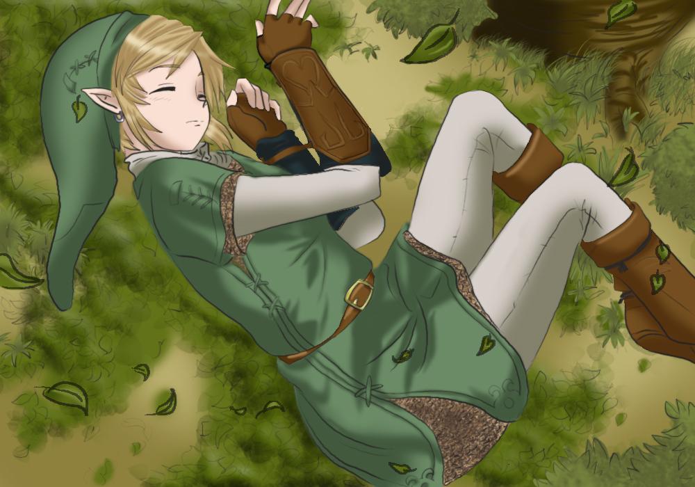 androgynous boots clothed gloves hat legwear link male male_focus outdoors outside piercing skirt sleeping stockings the_legend_of_zelda thighhighs tunic