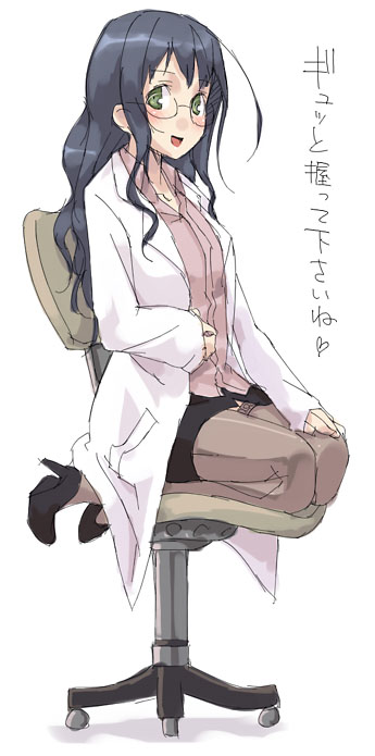 :d ahoge blue_hair brown_legwear chair doctor eyebrows_visible_through_hair face full_body glasses green_eyes high_heels kyo_(kuroichigo) labcoat lace lace-trimmed_thighhighs long_hair long_sleeves miniskirt office_chair open_mouth original pencil_skirt seiza shoes simple_background sitting skirt smile solo thighhighs translated wavy_hair white_background