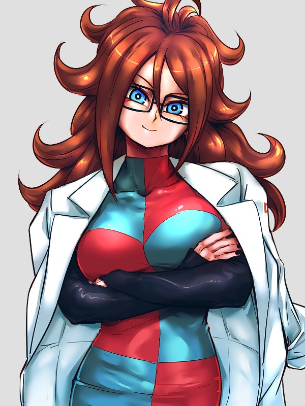 1girl android_21 black_gloves black_nails blue_dress blue_eyes breasts checkered checkered_dress crossed_arms dragon_ball dragon_ball_fighterz dress eyelashes fingernails glasses gloves grey_background head_tilt jacket_on_shoulders labcoat long_hair looking_at_viewer nail_polish red_dress red_eyes red_ribbon_army simple_background smile solo spiked_hair st62svnexilf2p9 two-tone_dress