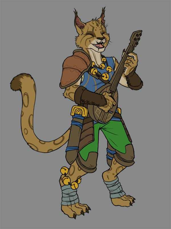 anthro armor bard birdsong claws clothed clothing dungeons_&amp;_dragons eyes_closed facial_scar felid female foot_wraps fur grey_background holding_musical_instrument holding_object idle_champions_of_the_forgotten_realms lute mammal melee_weapon musical_instrument official_art open_mouth open_smile playing_music scabbard scar sheathed_weapon shoulder_guards simple_background smile solo spots spotted_fur standing sword tabaxi tales_from_candlekeep tan_fur tehartmonkey toe_claws vambraces video_games weapon wraps