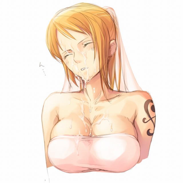 breasts cleavage cum facial large_breasts mosha nami nami_(one_piece) one_piece short_hair