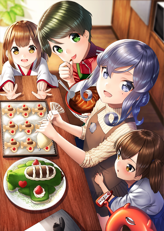 4girls :d :p akagi_(kantai_collection) apron bangs blue_eyes blue_hair blush bowl brown_apron brown_eyes brown_hair cake chocolate commentary_request day enemy_lifebuoy_(kantai_collection) eyebrows_visible_through_hair food gotland_(kantai_collection) green_apron green_eyes green_hair hair_between_eyes hair_bun icing indoors jacket japanese_clothes kaga_(kantai_collection) kantai_collection kitchen kyon_(fuuran) long_hair long_sleeves looking_at_viewer mogami_(kantai_collection) mole mole_under_eye multiple_girls open_mouth pastry_bag plant potted_plant red_jacket ribbed_sweater short_hair side_ponytail sleeves_rolled_up smile spatula sweater swept_bangs swimsuit table tongue tongue_out track_jacket turtleneck turtleneck_sweater white_swimsuit younger