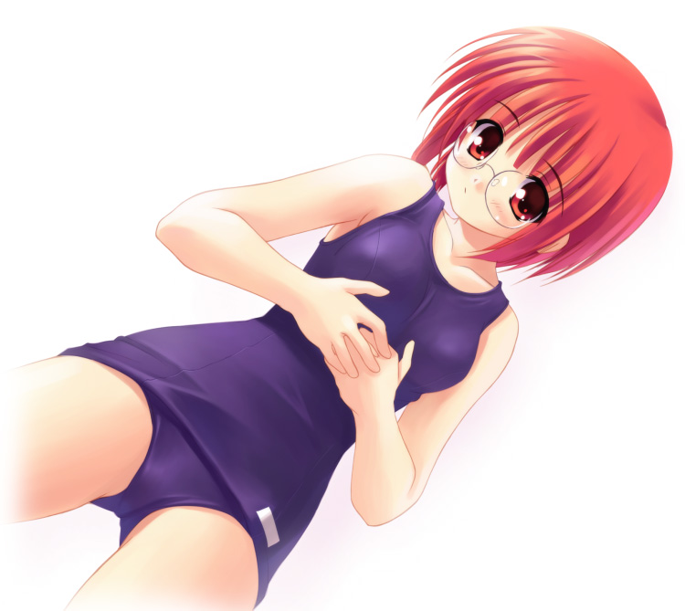 :/ akamaru ass_visible_through_thighs bangs blue_swimsuit blush breasts closed_mouth cowboy_shot crotch dutch_angle eyebrows eyebrows_visible_through_hair glasses hand_on_own_stomach hands_together legs_apart looking_at_viewer nose_pads old_school_swimsuit one-piece_swimsuit original red_eyes red_hair rimless_eyewear school_swimsuit short_hair simple_background small_breasts solo standing swimsuit