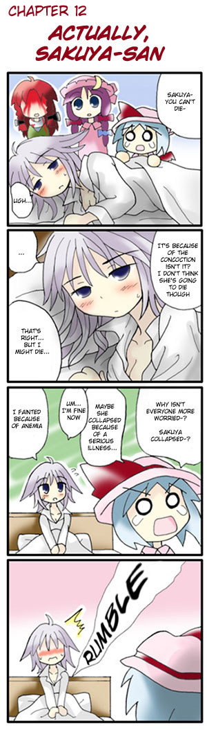 4girls 4koma bat_wings bed blanket bleeding blood blue_eyes blue_hair blush bow braid china_dress chinese_clothes comic crescent dress embarrassed flying_sweatdrops grey_eyes hair_bow hard_translated hat hat_bow hong_meiling izayoi_sakuya long_hair long_sleeves lying morogami_ryou multiple_girls night_clothes o_o on_side patchouli_knowledge purple_hair red_hair remilia_scarlet short_hair sidelocks silver_hair sitting speech_bubble star stomach_growling surprised sweatdrop tears touhou translated twin_braids wings
