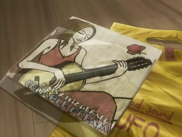 bag brown_hair bug butterfly closed_eyes cover dress futakoi guitar insect instrument screencap sitting