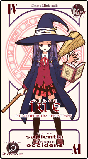 akamatsu_ken ayase_yue bamboo_broom book braid broom card_(medium) character_name floating_book hat holding holding_broom latin long_hair long_sleeves looking_at_viewer mahora_academy_middle_school_uniform mahou_sensei_negima! mercury_symbol official_art open_book open_mouth orbis_sensualium_pictus pactio plaid plaid_skirt pleated_skirt purple_eyes purple_hair school_uniform skirt solo thighhighs twin_braids witch witch_hat