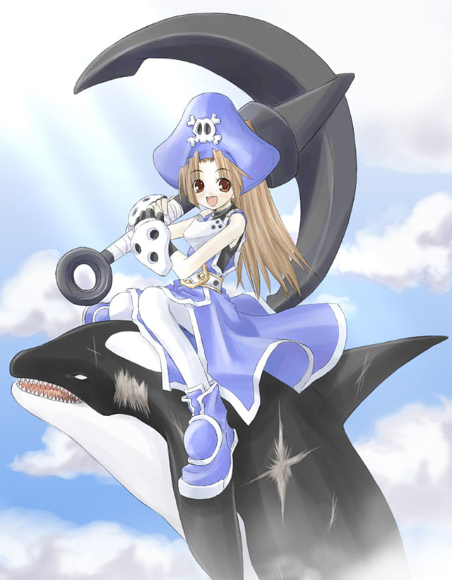alternate_color anchor animal blue_hat brown_eyes brown_hair guilty_gear hat may_(guilty_gear) orca pantyhose pirate scar skull solo yuuki_tokito
