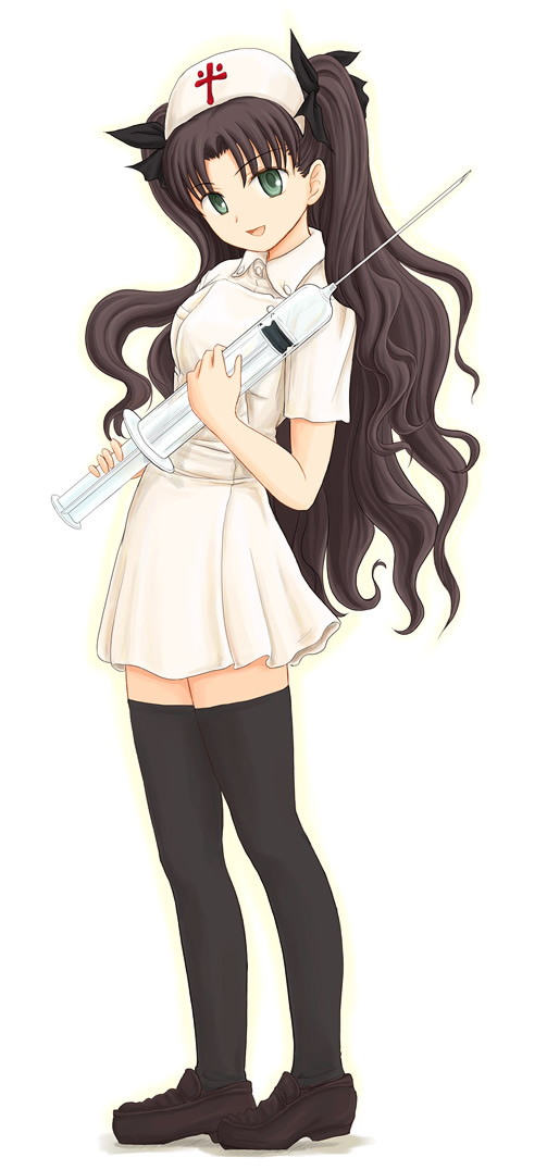 black_legwear fate/stay_night fate_(series) large_syringe legs long_hair nurse oversized_object ryp solo syringe thighhighs toosaka_rin two_side_up very_long_hair zettai_ryouiki