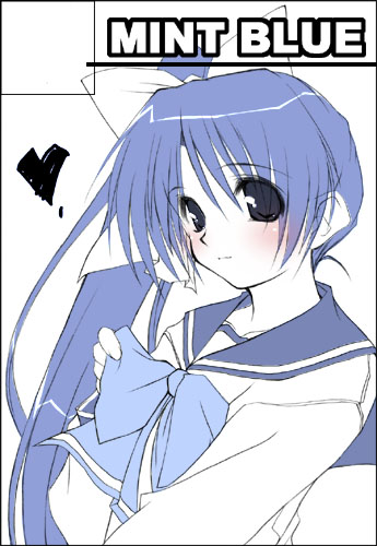 bangs blue_hair blue_neckwear blue_sailor_collar blush bow bowtie circle_cut closed_mouth comiket_68 eyebrows_visible_through_hair eyes_visible_through_hair from_side hair_bow hand_up heart itou_noemi light_smile long_hair long_sleeves looking_at_viewer looking_to_the_side lowres moyuru sailor_collar school_uniform serafuku side_ponytail simple_background solo spot_color very_long_hair with_you