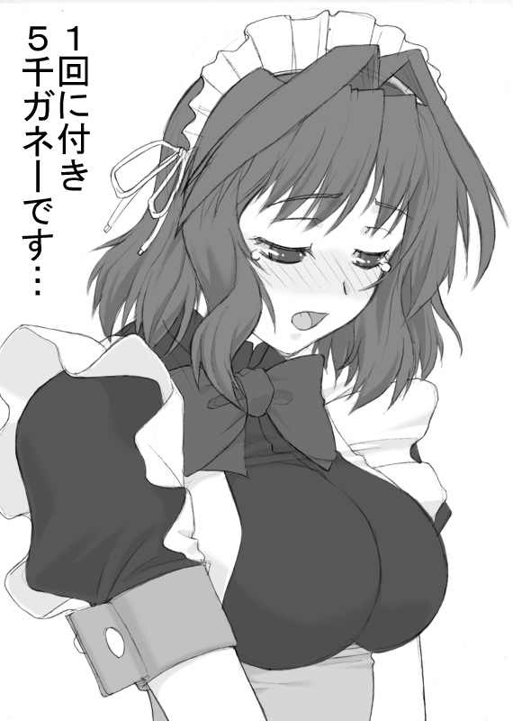 blush bow breasts cisqua elemental_gelade greyscale impossible_clothes large_breasts maid maid_headdress monochrome shichimenchou short_hair solo tears