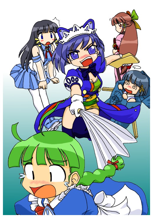 5girls 95-tan 98-tan @_@ ahoge annoyed artist_request black_hair blue_hair blush bow box breasts brown_hair chasing coat detached_sleeves glasses green_hair hair_bow half_updo in_box in_container japanese_clothes katana kimono leaning_forward looking_back maid me-tan multiple_girls neck_ribbon obi os-tan overcoat paper ribbon running sash sheath sheathed short_hair skirt small_breasts sword teardrop thighhighs weapon xp-tan
