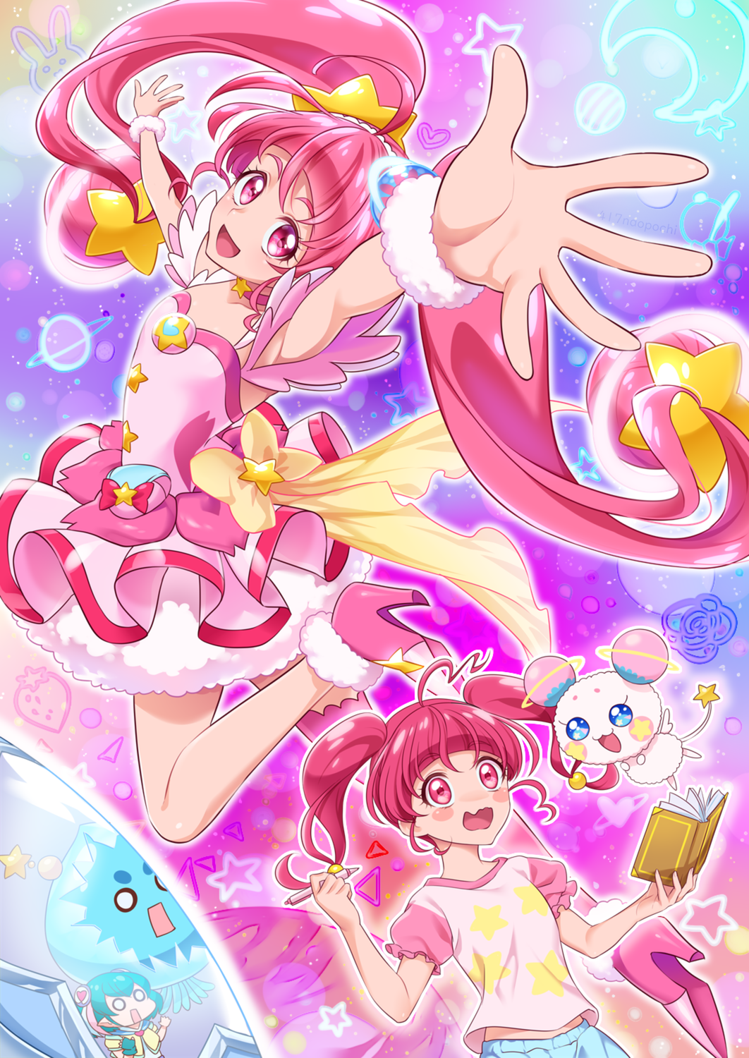0417nao 3girls :d :o ahoge back_bow blue_hair book bow choker creature cure_star dress dual_persona fuwa_(precure) hagoromo_lala hair_ornament highres holding holding_book holding_pen hoshina_hikaru long_hair looking_at_viewer magical_girl multicolored multicolored_background multiple_girls o_o open_mouth outstretched_arms pen petticoat pink_choker pink_dress pink_eyes pink_footwear pink_hair pink_legwear pink_neckwear pink_sleeves precure prunce_(precure) raglan_sleeves shoes short_hair single_thighhigh smile spread_arms star star_choker star_hair_ornament star_twinkle_precure surprised thighhighs twintails wrist_cuffs yellow_bow