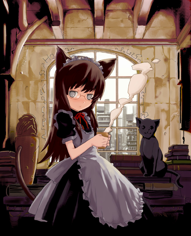 1girl animal animal_ears apron arched_window black_cat black_dress black_hair blush cat cat_ears cat_girl cat_tail ceiling clock closed_mouth coffee cup day dress drink frilled_apron frills glasses grey_eyes holding holding_cup holding_drink indoors long_hair looking_at_viewer maid maid_apron maid_headdress muntins neck_ribbon no_pupils original pendulum_clock photoshop_(medium) rato red_ribbon ribbon rimless_eyewear round_eyewear short_sleeves sitting solo steam tail upper_body white_apron window