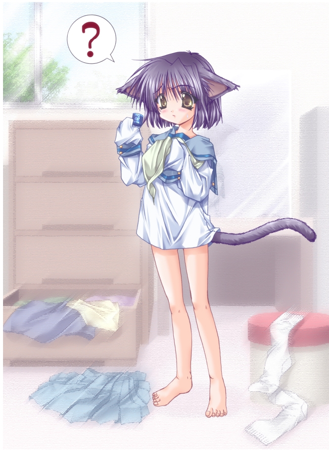 ? animal_ears artist_request blue_hair blush brown_eyes cat_ears cat_tail eyebrows_visible_through_hair full_body holding indoors long_sleeves messy_room original school_uniform skirt sleeves_past_wrists solo speech_bubble spoken_question_mark standing tail toenails