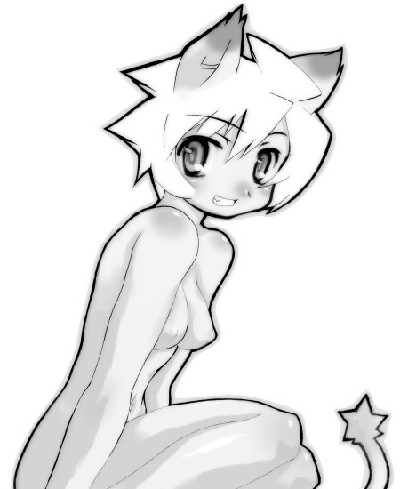 alicia_priss animal_ears artist_request blush body_blush breasts cat_ears cat_tail greyscale grin looking_at_viewer monochrome nipples nude pose short_hair small_breasts smile solo tail tail_concerto