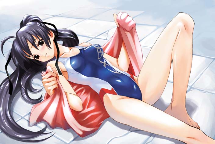 black_hair brown_eyes competition_swimsuit highleg highleg_swimsuit long_hair lying matsuryuu memories_off_2nd one-piece_swimsuit ponytail solo suzuna_takano swimsuit towel
