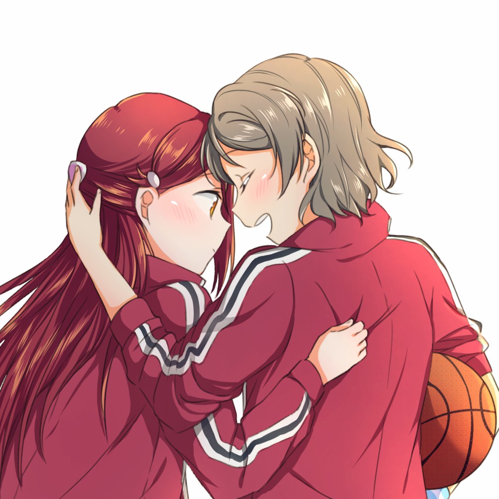 2girls arm_around_shoulder basketball blush eyes_closed from_behind grey_hair hair_ornament hairclip half_updo hand_on_another's_back jacket long_hair long_sleeves love_live! love_live!_sunshine!! multiple_girls open_mouth red_hair red_jacket sakurauchi_riko short_hair simple_background smile sweatband track_jacket upper_body watanabe_you white_background yuchi_(salmon-1000)