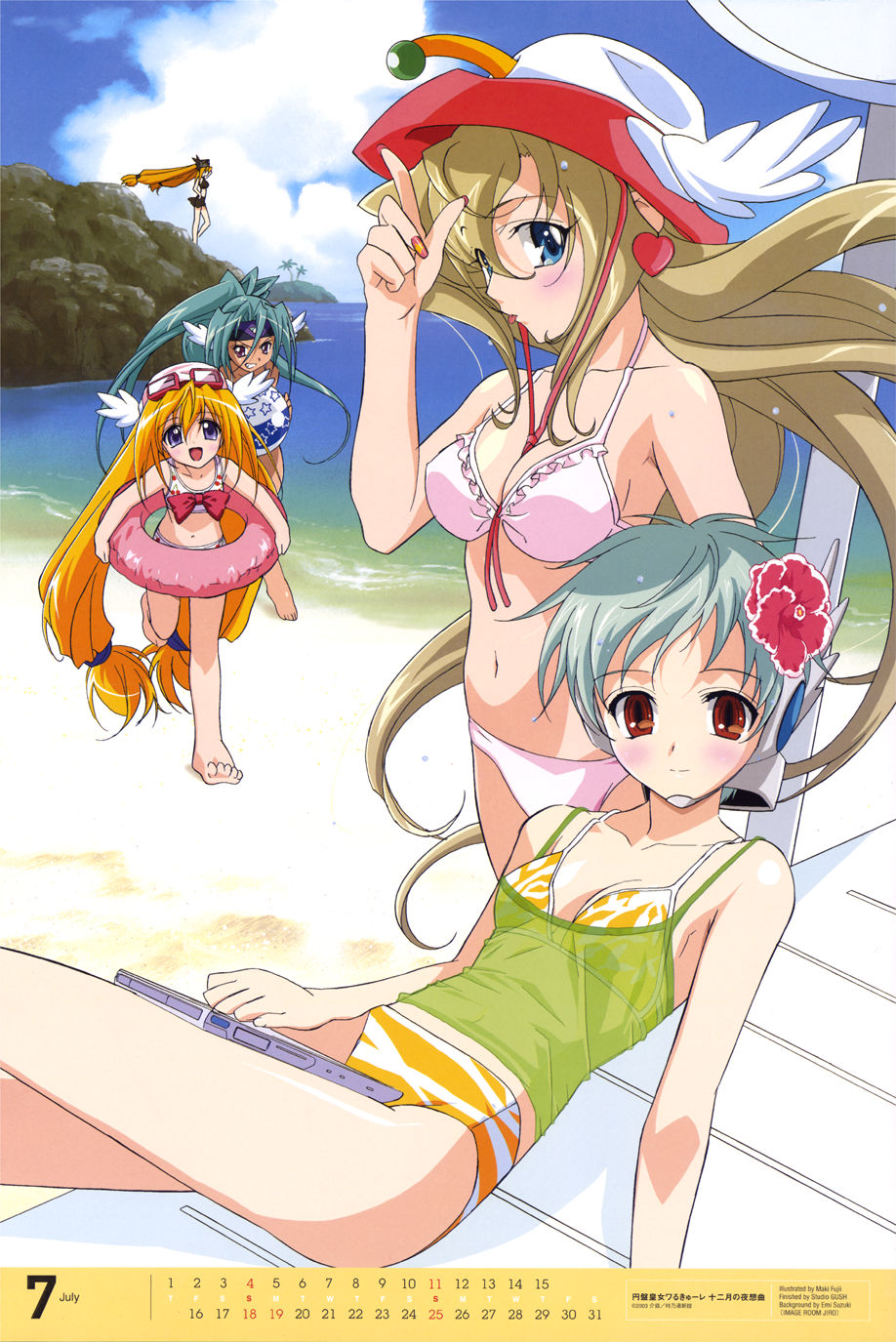 5girls :d :p angel_wings antennae aqua_hair ball barefoot beach beachball between_breasts bikini blonde_hair blue_eyes blush bow breasts calendar_(medium) camisole chair chasing child chorus_(ufo_princess_valkyrie) cleavage clenched_teeth cloud computer day everyone feet fingernails flat_chest flower frilled_bikini frills fujii_maki goddess goggles goggles_on_head grey_hair hair_flower hair_ornament hat head_wings headband highres holding_beachball hydra_(ufo_princess_valkyrie) innertube july laine laptop large_breasts long_fingernails long_hair lounge_chair lying multiple_girls nail_art nail_polish naughty_face navel official_art open_mouth outdoors palm_tree parasol pointing ponytail print_bikini purple_eyes reclining red_eyes red_nails robot_ears rock running scan see-through short_hair sky small_breasts smile standing star string_bikini swim_cap swimsuit tankini teeth thighs tongue tongue_out tree twintails ufo_princess_valkyrie umbrella valkyrie_(ufo_princess_valkyrie) valkyrie_ghost very_long_hair water wind wings