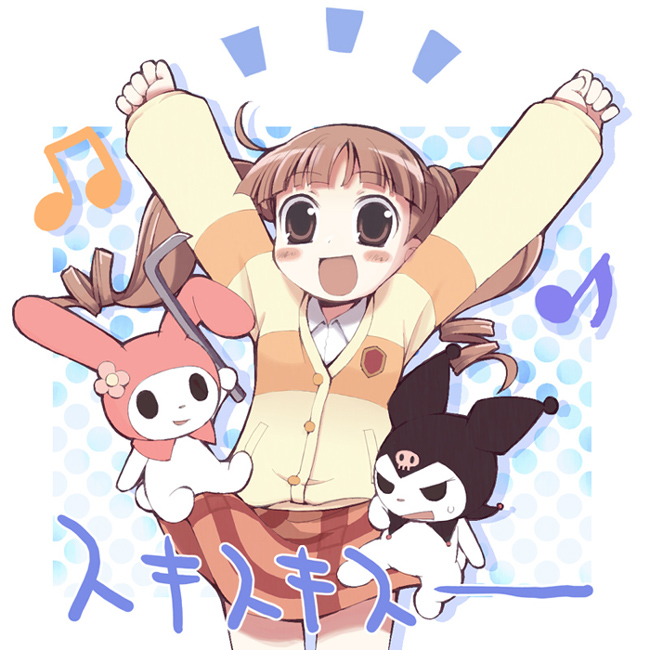 :d \o/ arms_up bangs blunt_bangs blush_stickers brown_eyes brown_hair drill_hair kuromi long_hair long_sleeves looking_at_viewer musical_note my_melody onegai_my_melody open_mouth outstretched_arms saxyun skirt smile stuffed_animal stuffed_toy sweater yumeno_uta