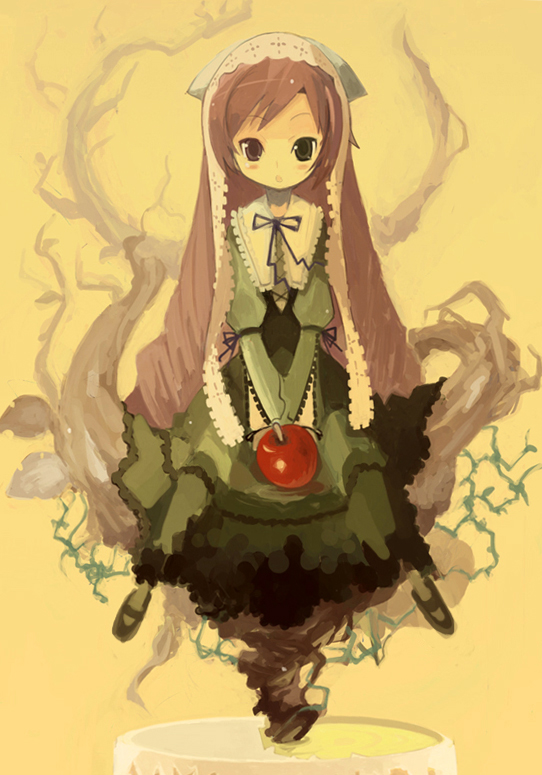 apple bangs brown_eyes brown_hair dress drill_hair flat_chest food frills fruit green_dress green_eyes hat headdress heterochromia hiruma_andon holding holding_food holding_fruit lolita_fashion long_hair long_sleeves looking_at_viewer parted_lips red_eyes ribbon rozen_maiden shoes simple_background sitting solo suiseiseki twin_drills twintails very_long_hair yellow_background