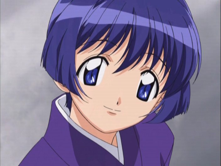 ai_yori_aoshi blue_eyes blue_hair grey_background japanese_clothes kimono purple_kimono sakuraba_aoi screencap short_hair smile solo