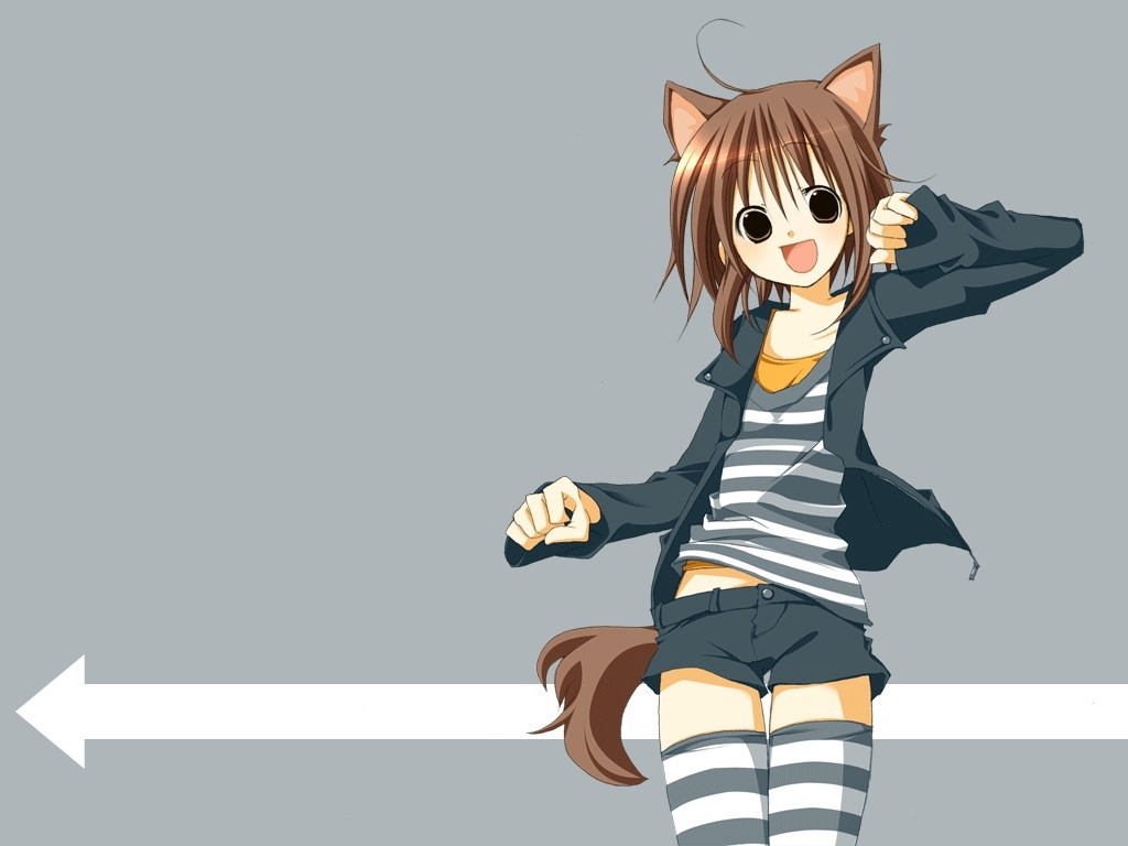 ahoge animal_ears artist_request brown_hair cat_ears copyright_request directional_arrow long_sleeves shorts solo striped striped_legwear thighhighs wallpaper