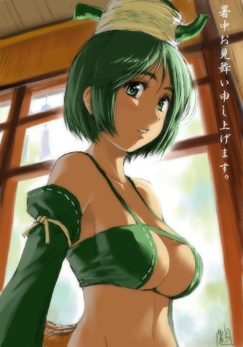 artist_request breasts copyright_request detached_sleeves green_eyes green_hair large_breasts shochuumimai short_hair solo tea translated underboob