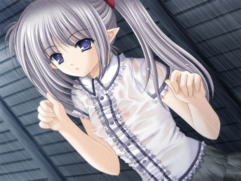 bangs blinds blouse blue_eyes buttons clenched_hands covered_nipples dutch_angle eyebrows_visible_through_hair flat_chest frilled_shirt frills game_cg hair_ornament long_hair looking_at_viewer nipples nishimata_aoi no_bra outdoors parted_lips pointy_ears primula rain see-through shirt short_sleeves shuffle! silver_hair skirt solo twintails upper_body wet wet_clothes wet_shirt white_shirt