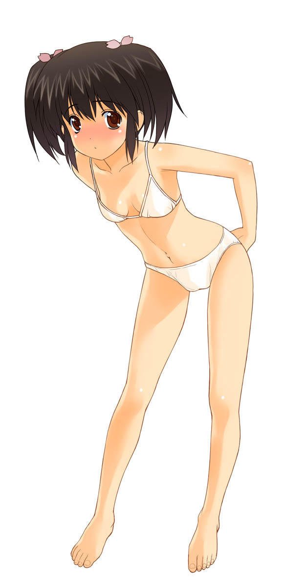 a1 bangs barefoot bikini black_hair blush breasts brown_eyes collarbone feet full_body highres leaning_forward legs looking_at_viewer navel simple_background small_breasts solo standing strap_gap string_bikini swimsuit to_heart_2 twintails white_background white_bikini yuzuhara_konomi