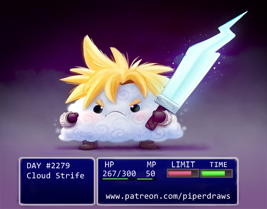 animate animate_inanimate anthro black_eyes blonde_hair boots clothing cloud cloud_strife cryptid-creations english_text final_fantasy final_fantasy_vii footwear gloves grey_background grumpy hair humor male melee_weapon patreon pun simple_background solo square_enix sword text video_games visual_pun weapon