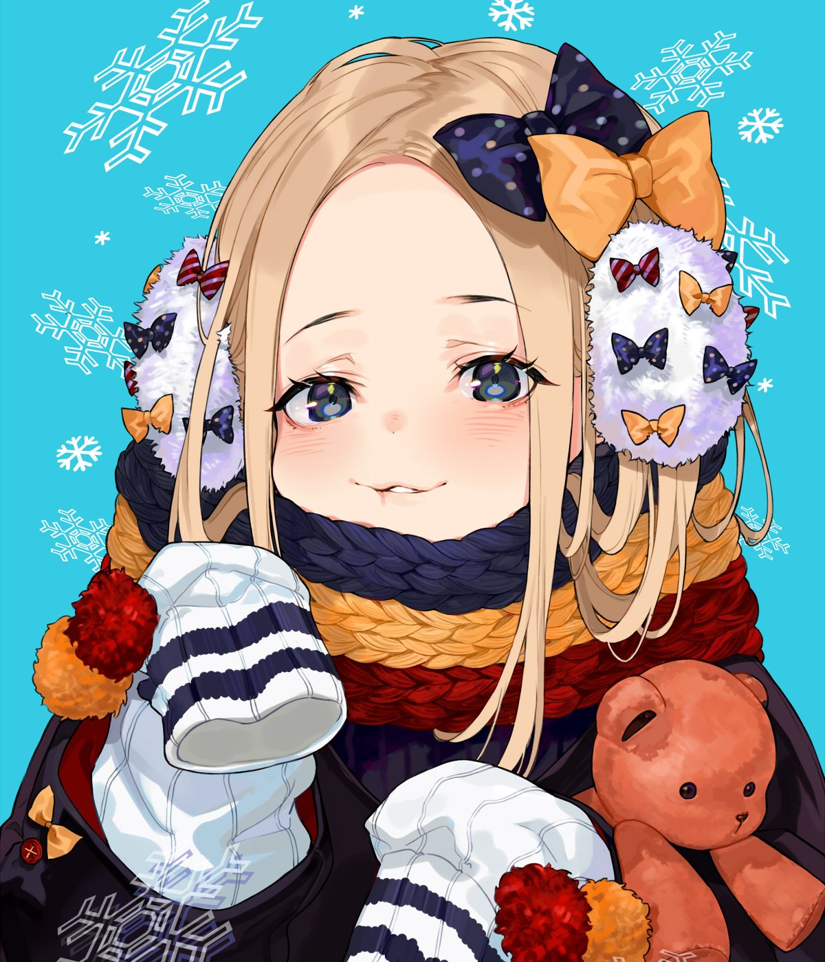1girl abigail_williams_(fate/grand_order) black_bow blonde_hair blue_background blue_eyes bow commentary_request fate/grand_order fate_(series) hair_bow highres holding holding_stuffed_animal long_hair looking_at_viewer orange_bow parted_lips polka_dot polka_dot_bow scarf sleeves_past_fingers sleeves_past_wrists snowflakes solo stuffed_animal stuffed_toy teddy_bear upper_body yuu_(higashi_no_penguin)