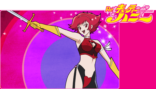 armband breasts choker cleavage_cutout covered_nipples cutie_honey cutie_honey_(character) gloves hairband kisaragi_honey large_breasts magical_girl midriff mochizuki_anko re:_cutie_honey red_eyes red_hair short_hair solo sword weapon yellow_gloves