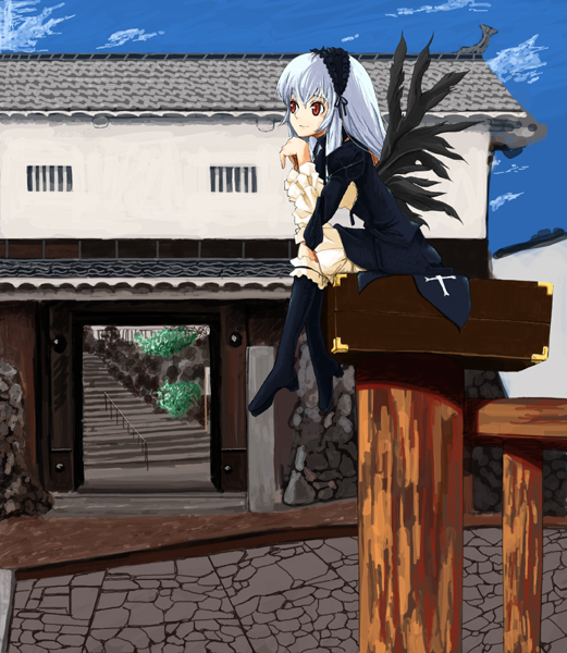 black_wings bloomers body_mahattaya_ginga boots building chin_rest cobblestone cross crossed_legs day frills hairband long_hair long_sleeves looking_afar outdoors red_eyes road rozen_maiden silver_hair sitting smile solo street suigintou suitcase underwear wings