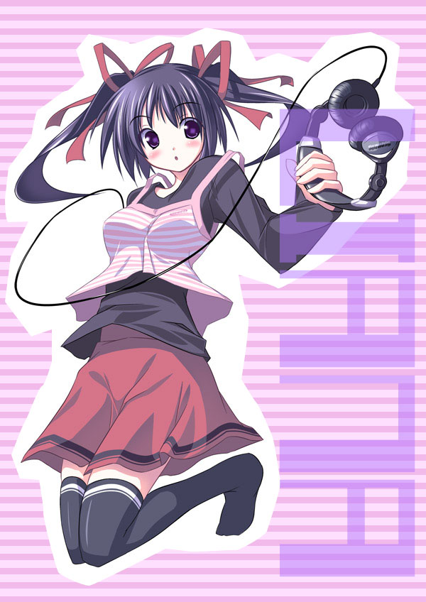 :o bad_id bangs black_legwear blush breasts camisole eyebrows_visible_through_hair full_body hair_ribbon headphones headphones_removed holding holding_headphones horizontal-striped_background horizontal_stripes jumping long_sleeves looking_at_viewer looking_to_the_side medium_breasts no_shoes original parted_lips purple_eyes purple_hair red_ribbon red_skirt ribbon senmu skirt sleeveless solo striped striped_background striped_camisole thighhighs twintails zettai_ryouiki