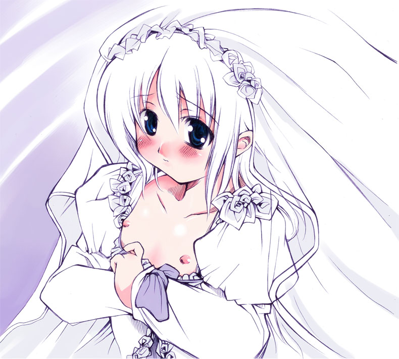 artist_request blush copyright_request dress flat_chest long_sleeves nipples solo wedding_dress white_dress