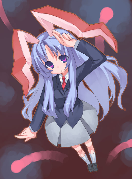 :o animal_ears arm_up bangs blazer blue_hair bunny_ears dress_shirt from_above head_tilt jacket loafers long_hair long_sleeves looking_at_viewer looking_up miniskirt necktie pleated_skirt purple_eyes reisen_udongein_inaba shirt shoes sidelocks skirt solo standing touhou very_long_hair white_legwear yasu