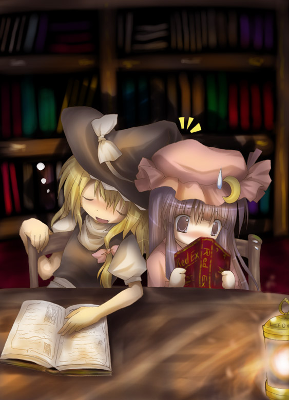 blonde_hair blush book covered_mouth embarrassed hat izumi_yukiru kirisame_marisa library multiple_girls patchouli_knowledge sleeping source_request touhou voile witch_hat