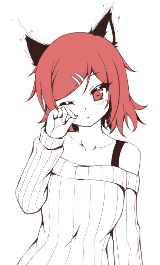 1girl animal_ears bangs bra_strap cat_ears collarbone expressionless hair_ornament hairclip limited_palette off-shoulder_sweater one_eye_closed original parted_bangs red_eyes red_hair ribbed_sweater rubbing_eyes shokuane short_hair solo sweater upper_body white_background white_sweater