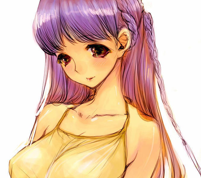 blush braid breasts copyright_request goshiki_suzu huge_breasts purple_hair solo