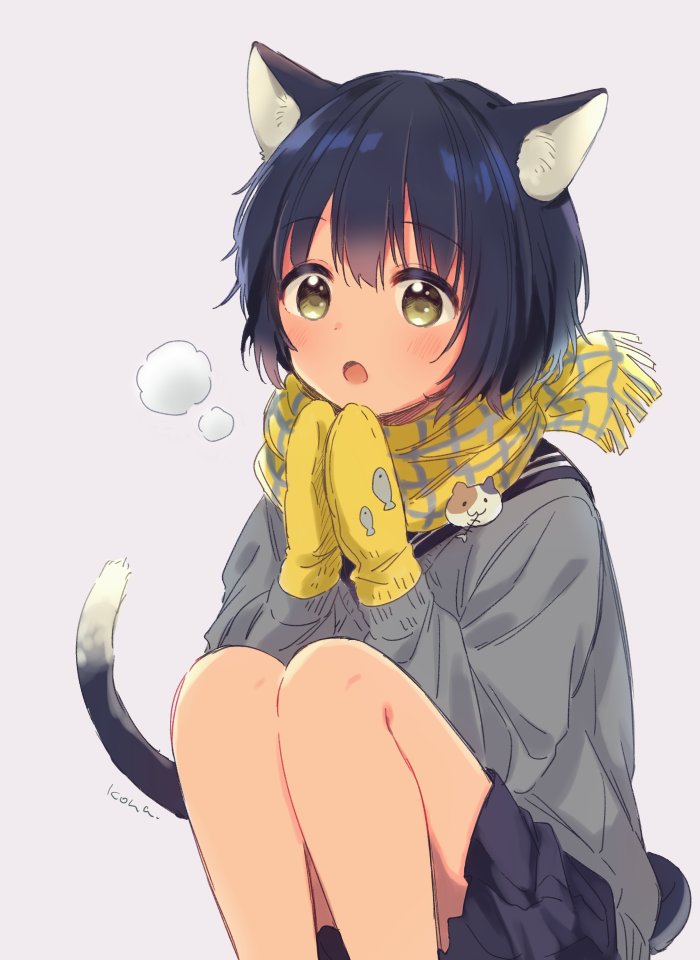 1girl :o animal_ears bare_legs black_sailor_collar black_skirt blue_hair blush breath brown_eyes cat_ears cat_girl cat_tail commentary_request feet_out_of_frame fringe_trim grey_background grey_sweater konayama_kata looking_at_viewer miniskirt mittens open_mouth original own_hands_together plaid plaid_scarf sailor_collar scarf school_uniform short_hair simple_background skirt solo squatting sweater tail yellow_mittens yellow_scarf