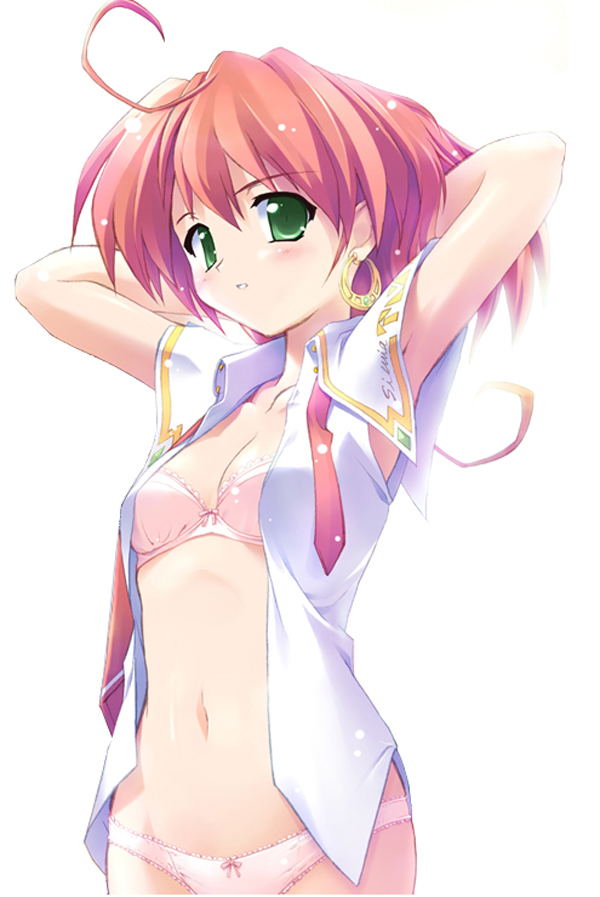 ahoge armpits arms_up blush bow bow_bra bow_panties bra breasts cleavage earrings green_eyes jewelry komatsu_eiji lace lace-trimmed_panties lingerie majokko_a_la_mode medium_breasts navel necktie no_pants open_clothes open_shirt panties pink_bra pink_hair pink_panties shirt silvia_aizetto sleeveless solo standing underwear
