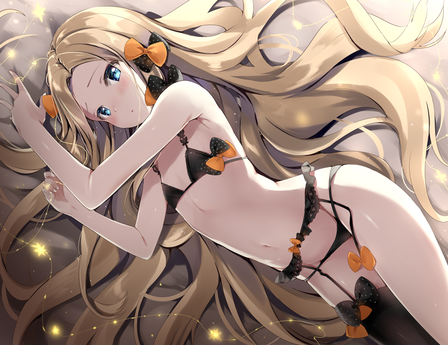 1girl abigail_williams_(fate/grand_order) bangs bare_shoulders black_bow black_bra black_legwear black_panties blonde_hair blue_eyes blush bow bra commentary_request fate/grand_order fate_(series) flat_chest forehead garter_belt hair_bow long_hair looking_at_viewer lying natsume_eri navel on_side open_mouth orange_bow panties parted_bangs polka_dot polka_dot_bow single_thighhigh solo stomach_(organ) thighhighs thighs underwear underwear_only very_long_hair