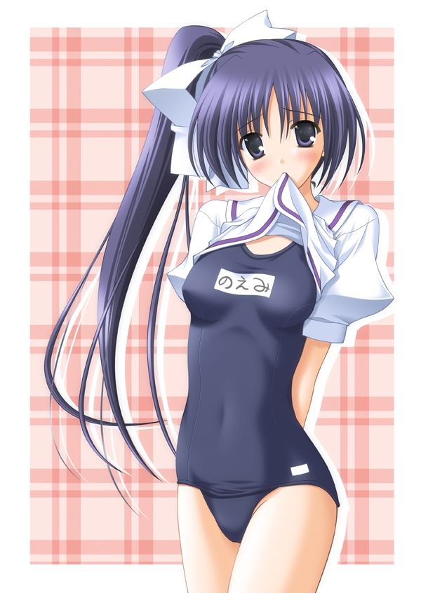 arms_behind_back blue_eyes blue_hair blush embarrassed hair_ribbon itou_noemi long_hair mouth_hold name_tag no_pants one-piece_swimsuit plaid plaid_background ponytail ribbon school_swimsuit school_uniform serafuku shirt_lift side_ponytail solo standing sugii_tsukasa swimsuit swimsuit_under_clothes thighs very_long_hair with_you