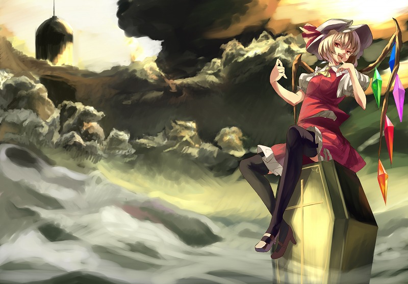 bad_id bad_pixiv_id blonde_hair cloud coffin finger_to_mouth flandre_scarlet hat high_heels mary_janes ponytail red_eyes shoes short_hair side_ponytail sitting sitting_on_object solo thighhighs touhou wings yasumo_(kuusouorbital)