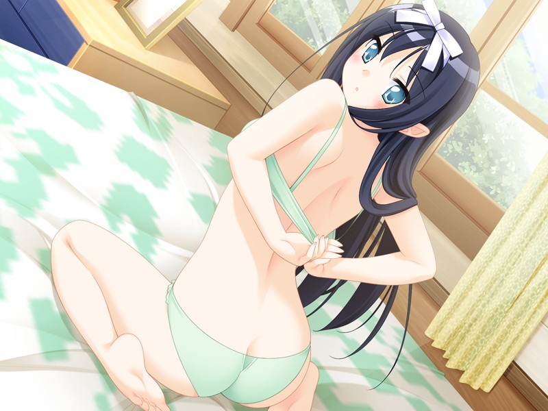 1girl barefoot black_hair blue_eyes blush bra feet game_cg green_bra green_panties hair_ornament indoors lingerie long_hair open_mouth panties peko sitting soles solo toes underwear underwear_only