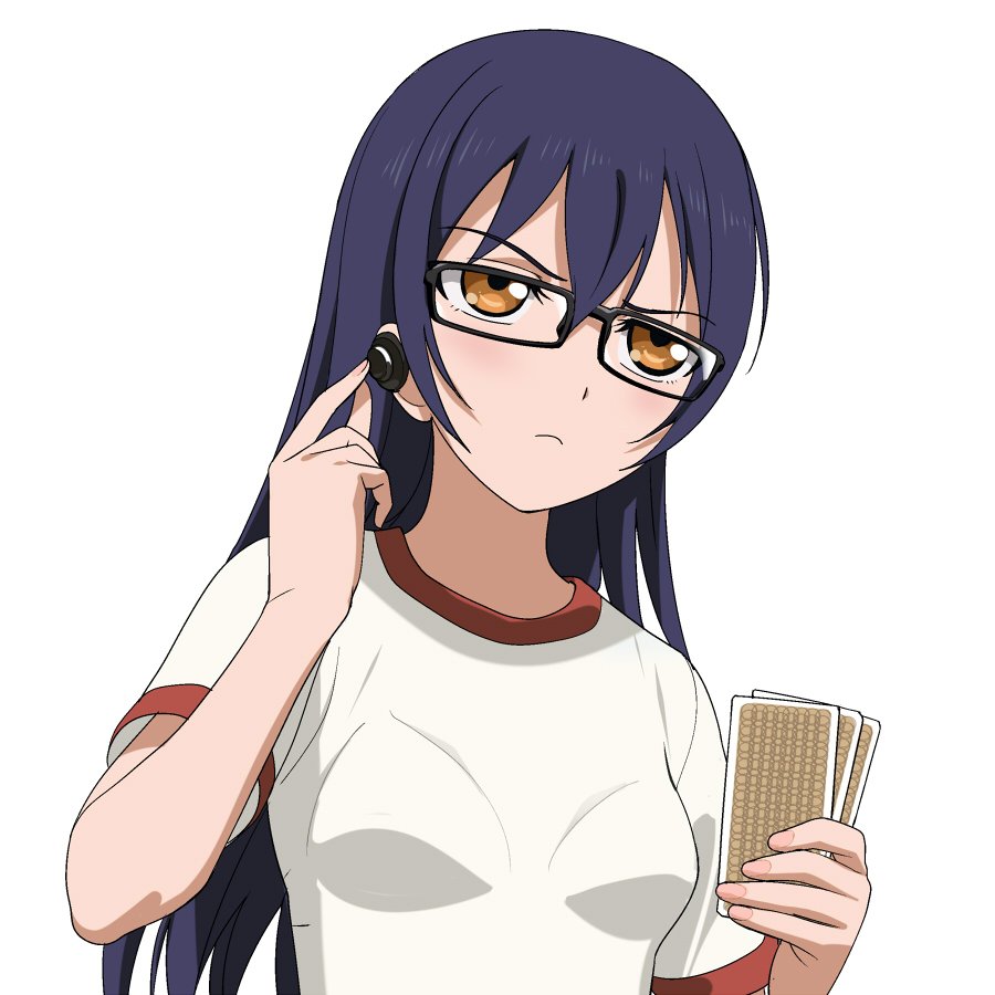 1girl a1 bespectacled blue_hair breasts card earbuds earphones glasses holding holding_card long_hair love_live! love_live!_school_idol_project serious small_breasts solo sonoda_umi upper_body yellow_eyes