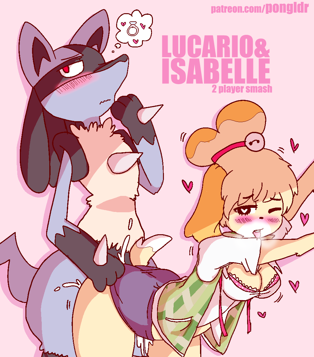 2018 animal_crossing anthro black_fur blue_fur blush breasts canine clothed clothing crossover cum cum_inside digital_media_(artwork) dog duo english_text female fur isabelle_(animal_crossing) lucario male male/female mammal nintendo open_mouth pok&eacute;mon pok&eacute;mon_(species) pongldr red_eyes ring sex shih_tzu simple_background skirt super_smash_bros super_smash_bros._ultimate text tongue underwear video_games wedding_ring yellow_fur