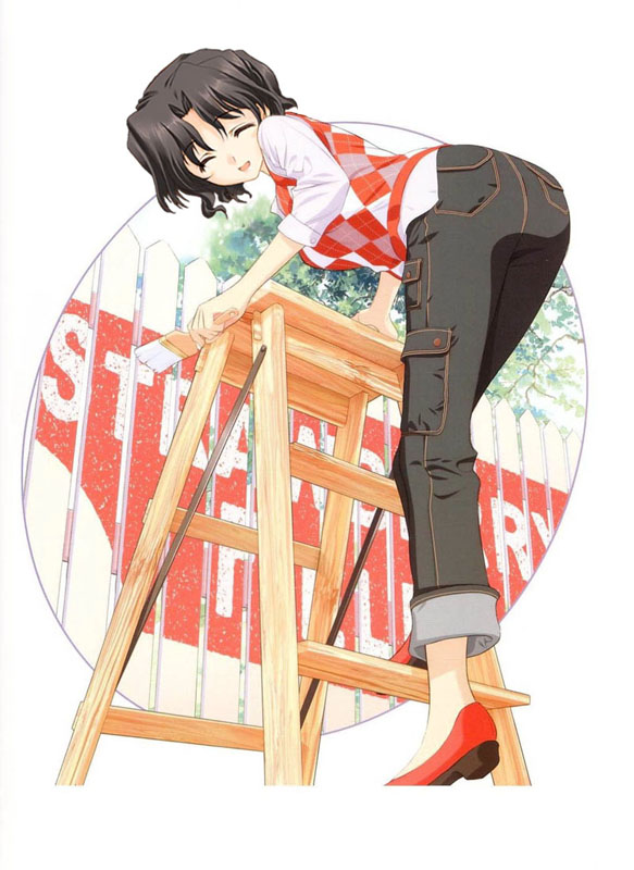 ass bent_over cargo_pants climbing_ladder fence headshop ladder long_sleeves paintbrush painting pants picket_fence solo third-party_edit to_heart_2 trim_brush wooden_fence yuzuhara_haruka