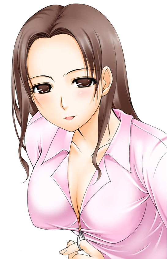 big_wednesday breasts brown_eyes brown_hair forehead kawada_tomoko kimi_kiss large_breasts long_hair long_sleeves shirt simple_background smile solo unzipping upper_body white_background